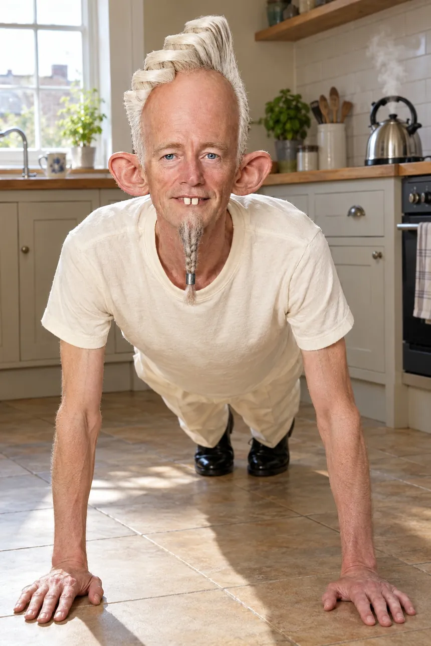 Barnaby doing a push-up on the kitchen floor while the kettle boils